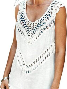 (4 for $20) CUPSHE Women's White Crochet Sleeveless Tunic Cover Up - S - EUC